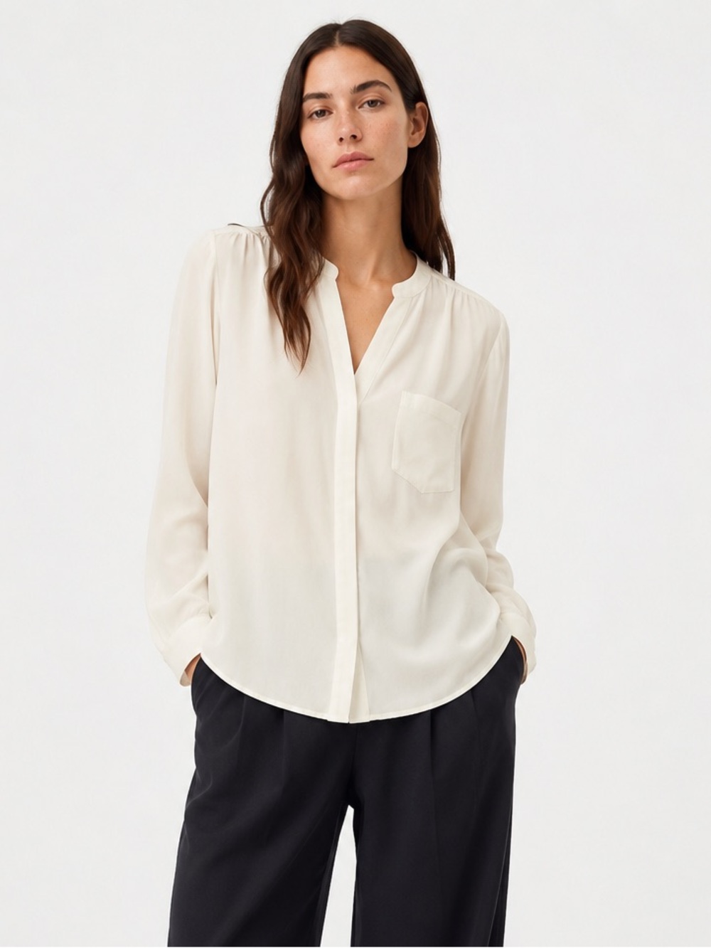 Steven Alan 100% Silk Ivory Split Neck Blouse Long Sleeve Pocket Top L
